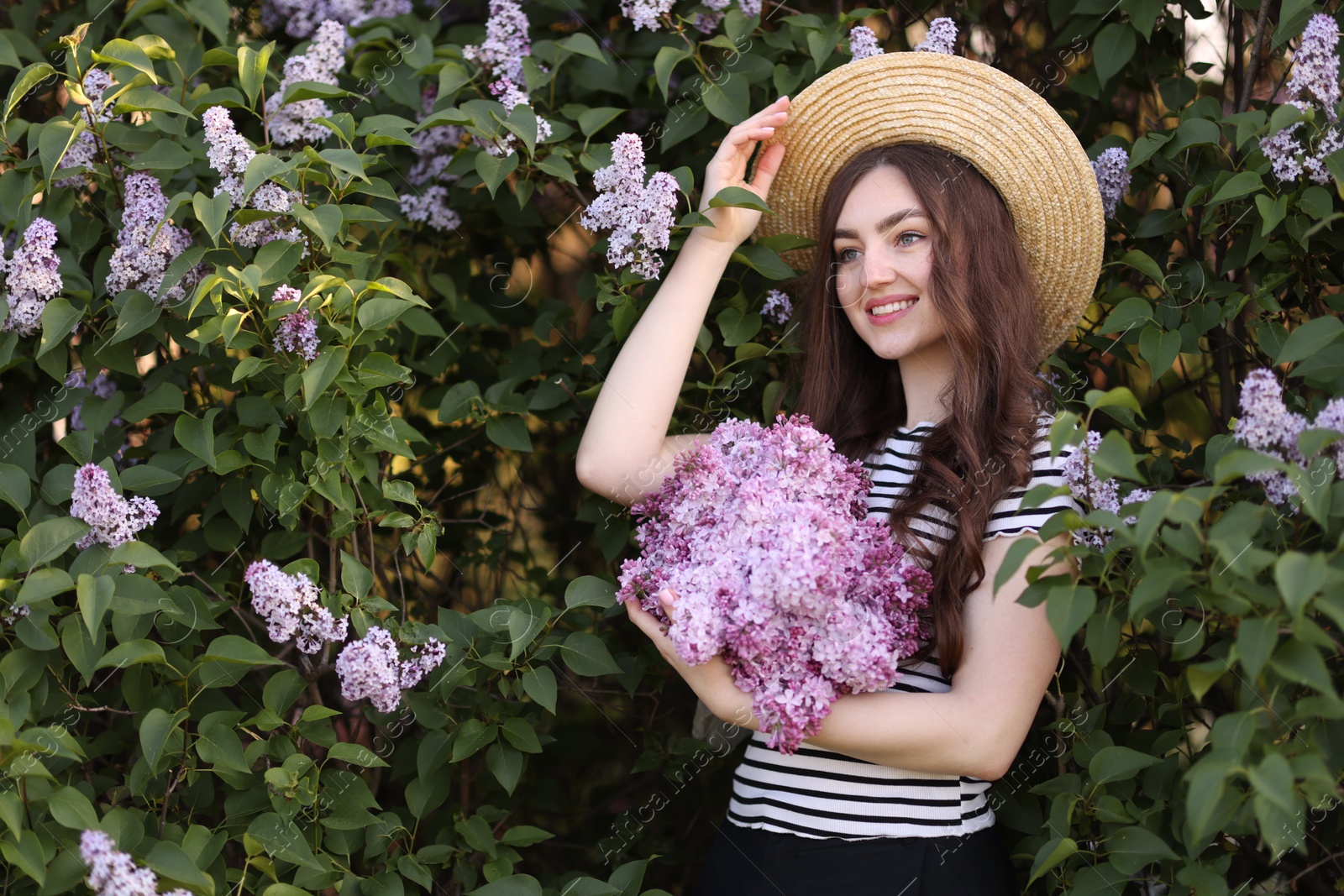Smiling woman among lilac flowers and leaves outdoors Photo of Smiling woman among lilac flowers and leaves outdoors