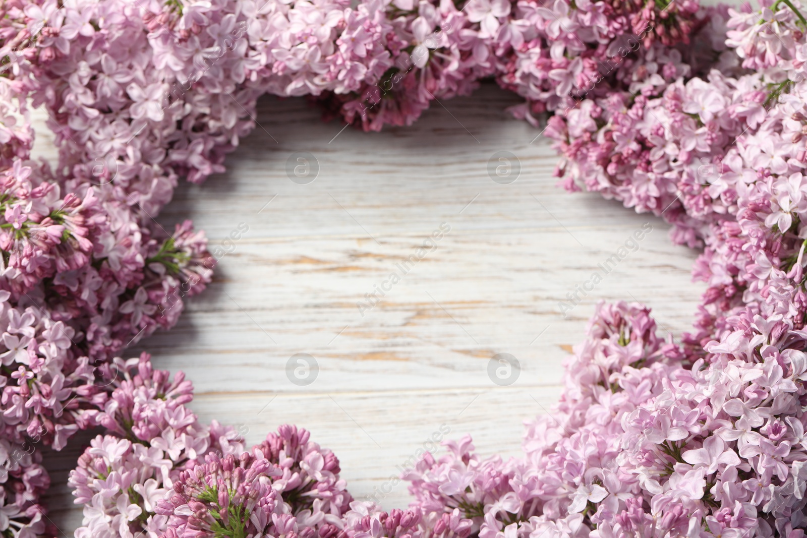 Frame of beautiful lilac flowers on light wooden table, above view. Space for text Photo of Frame of beautiful lilac flowers on light wooden table, above view. Space for text