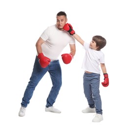 Photo of Father and his son boxing on white background
