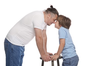 Photo of Father with his son on white background