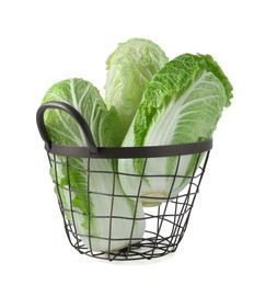Photo of Fresh Chinese cabbages in basket isolated on white