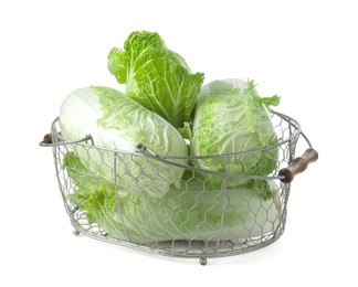 Photo of Many fresh Chinese cabbages in metal basket isolated on white