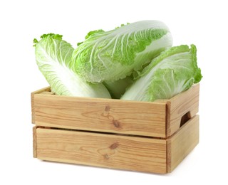 Photo of Many fresh Chinese cabbages in wooden crate isolated on white