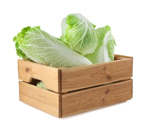Photo of Many fresh Chinese cabbages in wooden crate isolated on white