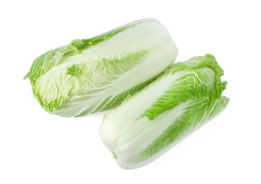 Photo of Two fresh Chinese cabbages isolated on white, top view