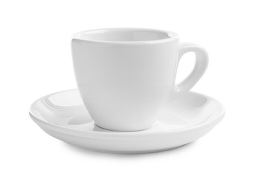 Photo of Empty coffee cup with saucer isolated on white
