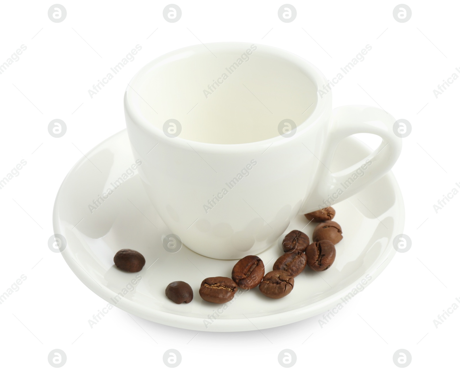 Ceramic cup with roasted coffee beans isolated on white Photo of Ceramic cup with roasted coffee beans isolated on white