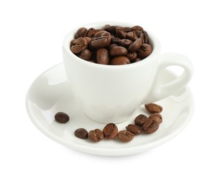 Photo of Ceramic cup with roasted coffee beans isolated on white