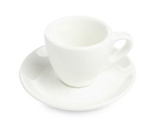 Photo of Empty coffee cup with saucer isolated on white
