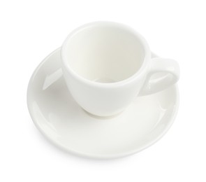 Photo of Empty coffee cup with saucer isolated on white