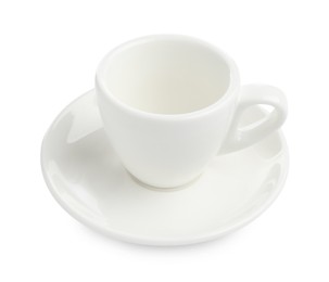 Photo of Empty coffee cup with saucer isolated on white