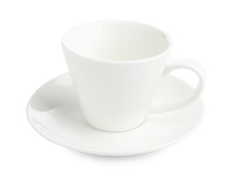 Photo of Empty coffee cup with saucer isolated on white