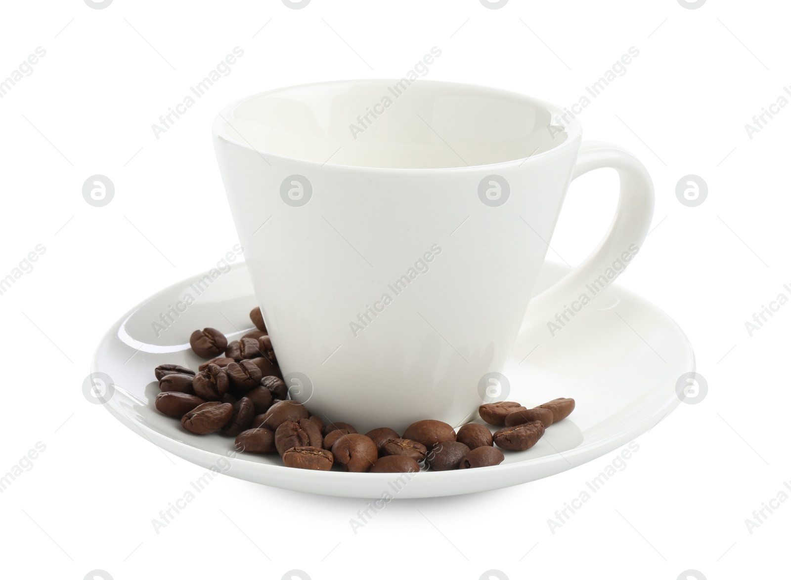 Ceramic cup with roasted coffee beans isolated on white Photo of Ceramic cup with roasted coffee beans isolated on white