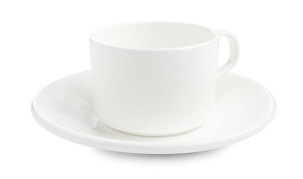 Photo of Empty coffee cup with saucer isolated on white