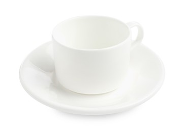 Photo of Empty coffee cup with saucer isolated on white