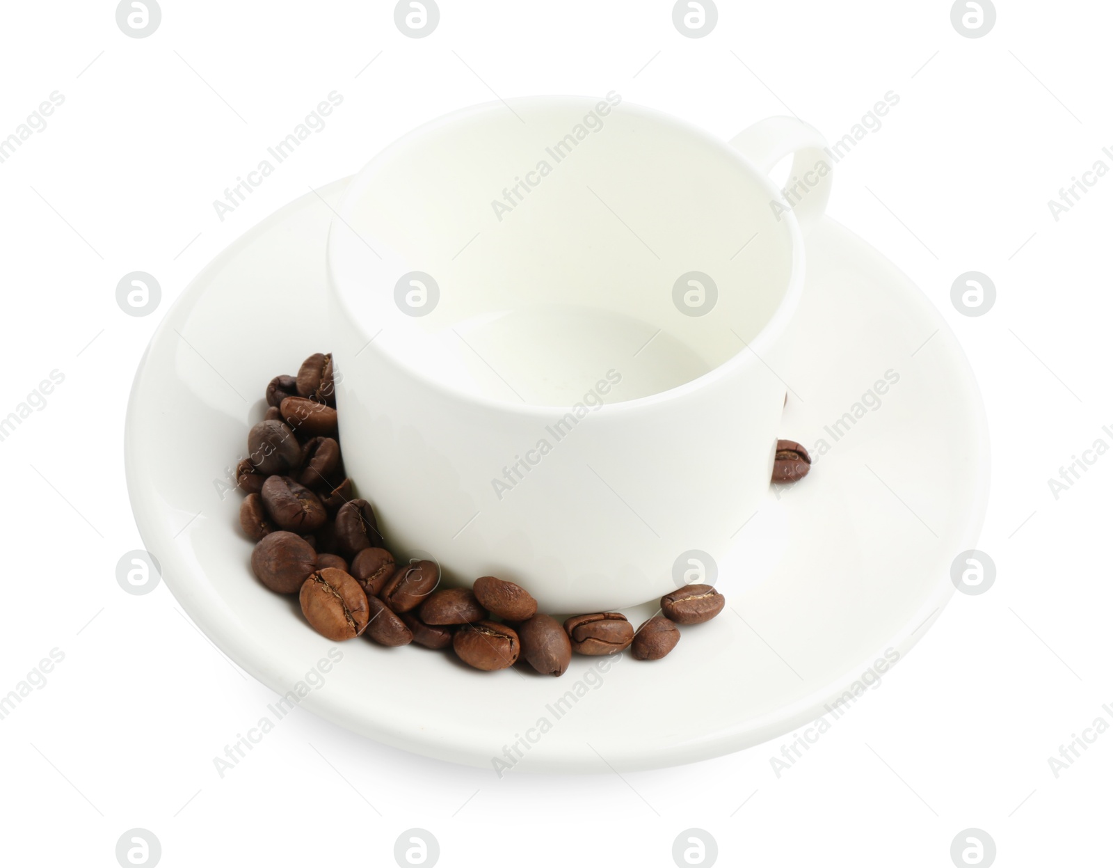 Ceramic cup with roasted coffee beans isolated on white Photo of Ceramic cup with roasted coffee beans isolated on white