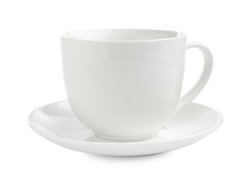 Photo of Empty coffee cup with saucer isolated on white