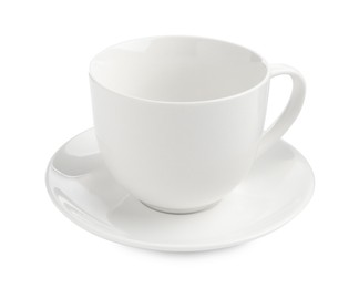 Photo of Empty coffee cup with saucer isolated on white