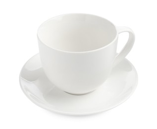 Photo of Empty coffee cup with saucer isolated on white