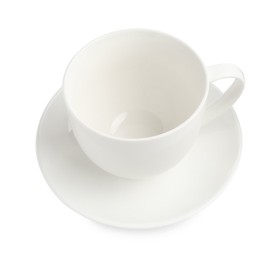 Photo of Empty coffee cup with saucer isolated on white