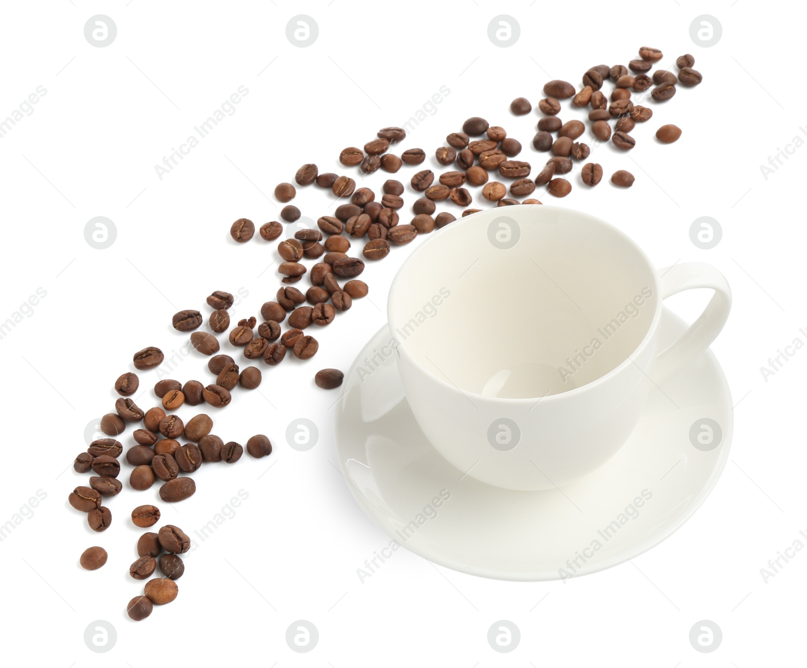 Ceramic cup with roasted coffee beans isolated on white Photo of Ceramic cup with roasted coffee beans isolated on white