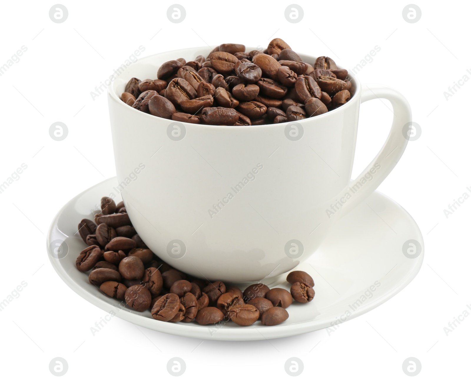 Ceramic cup with roasted coffee beans isolated on white Photo of Ceramic cup with roasted coffee beans isolated on white