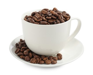 Photo of Ceramic cup with roasted coffee beans isolated on white
