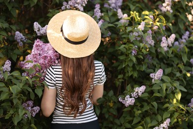 Photo of Woman in straw hat among lilac flowers and leaves outdoors, back view. Space for text