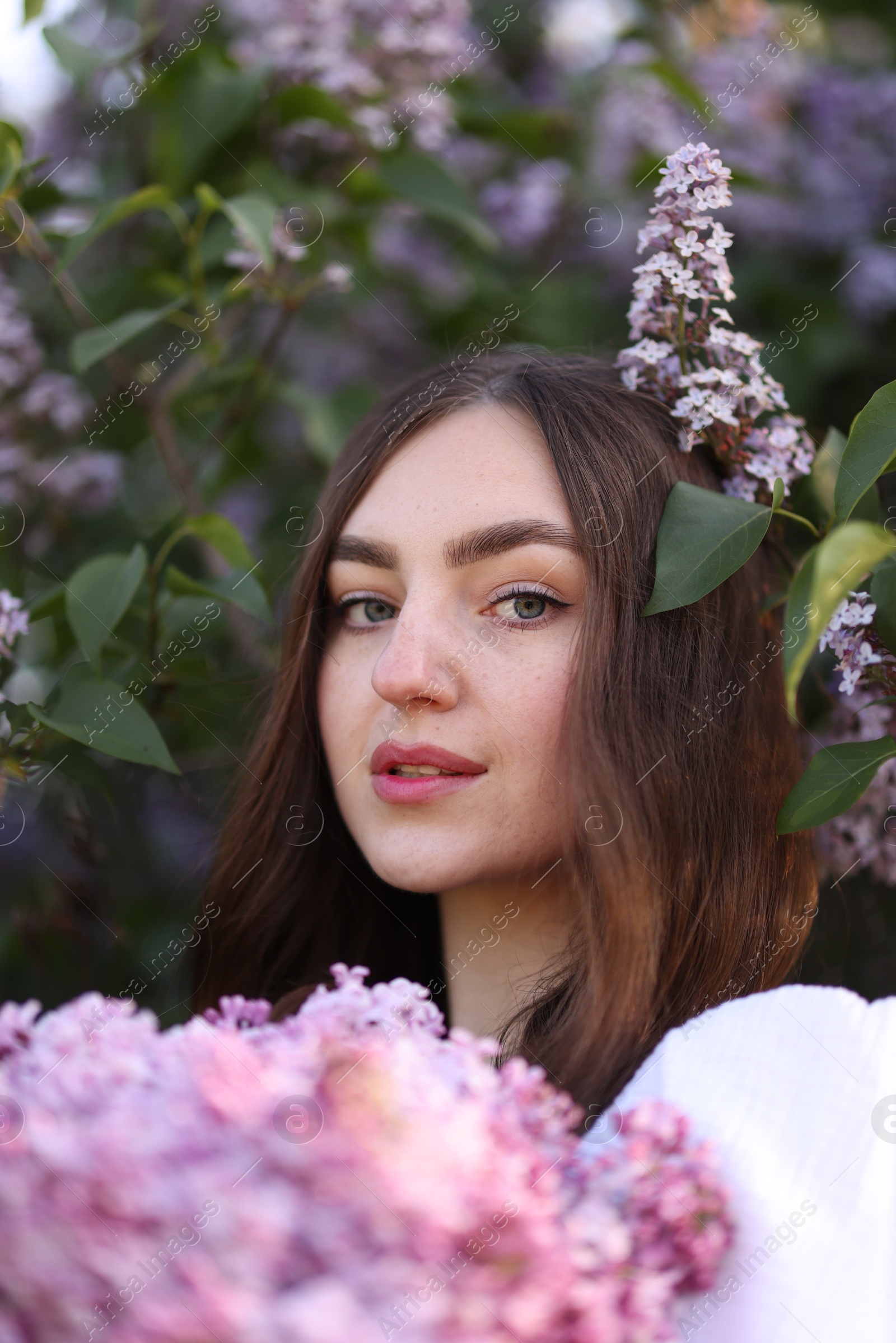 Beautiful woman among lilac flowers and leaves outdoors, closeup Photo of Beautiful woman among lilac flowers and leaves outdoors, closeup