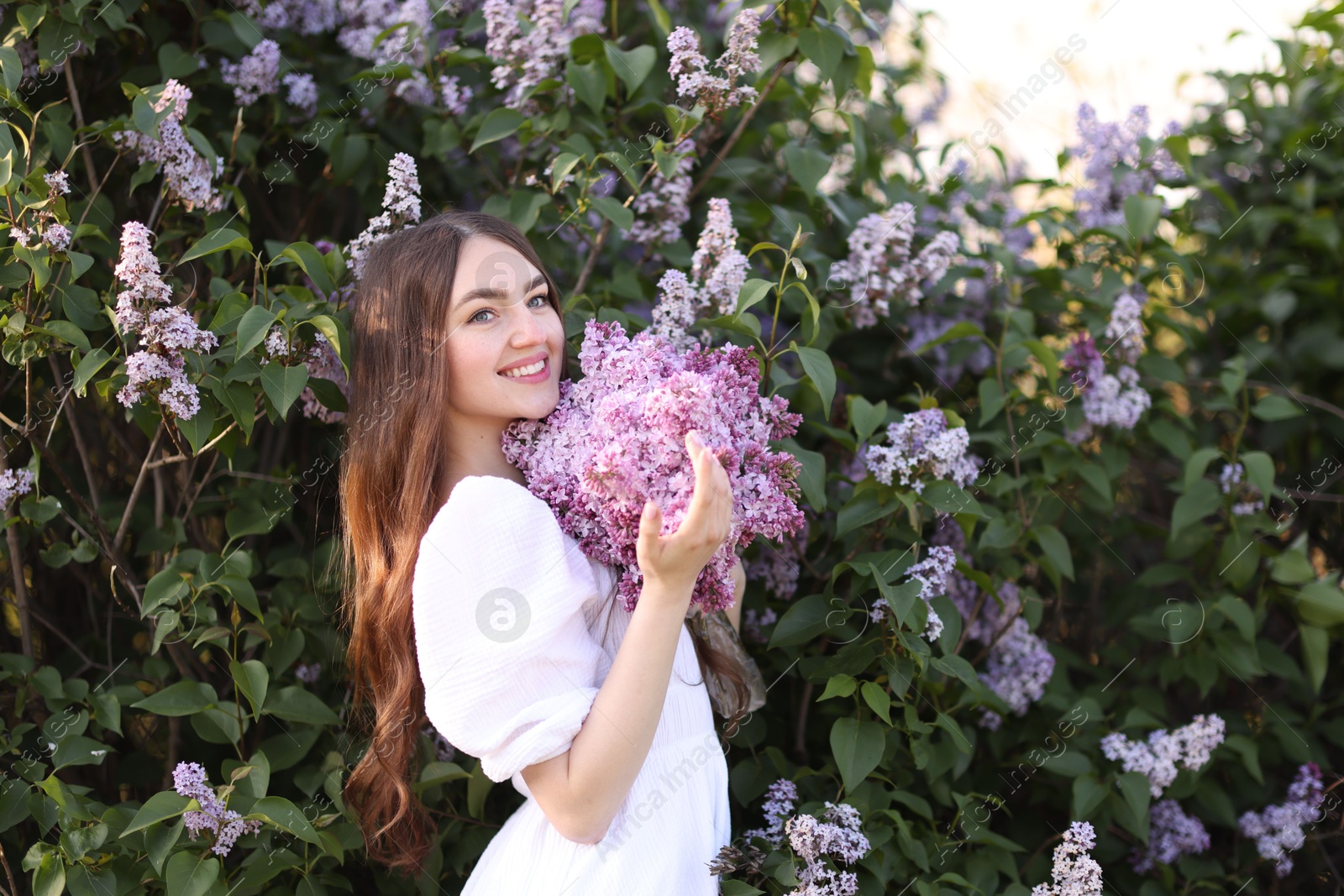 Smiling woman among lilac flowers and leaves outdoors Photo of Smiling woman among lilac flowers and leaves outdoors