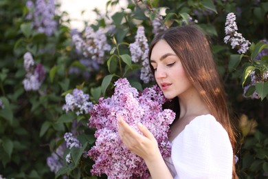 Photo of Beautiful woman among lilac flowers and leaves outdoors