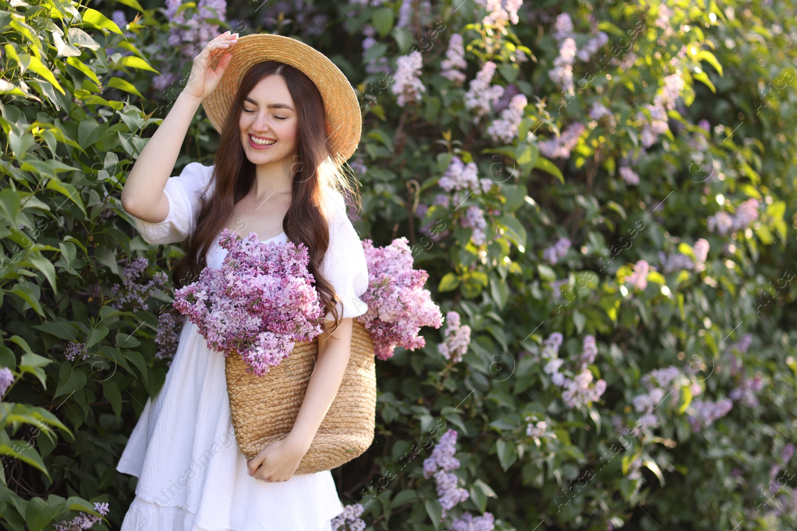 Smiling woman with bag of lilac flowers near bush outdoors Photo of Smiling woman with bag of lilac flowers near bush outdoors