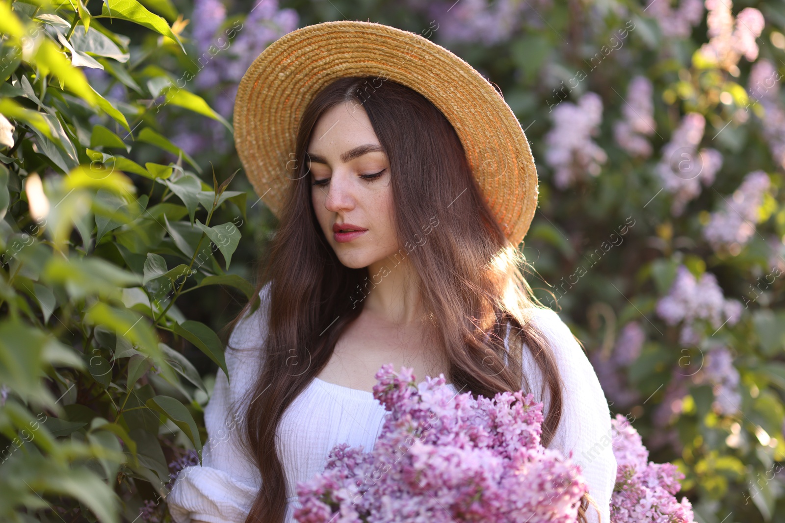 Beautiful woman among lilac flowers and leaves outdoors Photo of Beautiful woman among lilac flowers and leaves outdoors