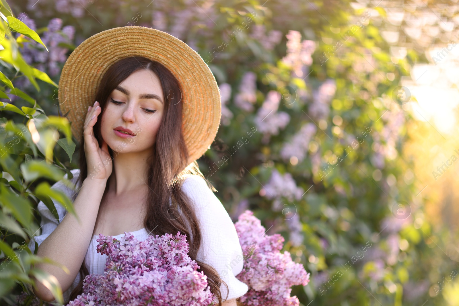 Beautiful woman among lilac flowers and leaves outdoors in morning. Space for text Photo of Beautiful woman among lilac flowers and leaves outdoors in morning. Space for text
