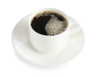 Photo of Aromatic coffee in cup isolated on white