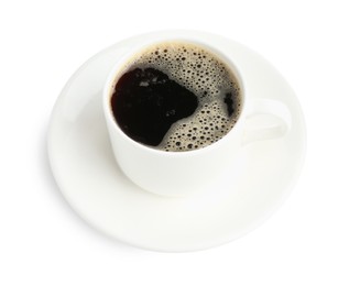 Photo of Aromatic coffee in cup isolated on white