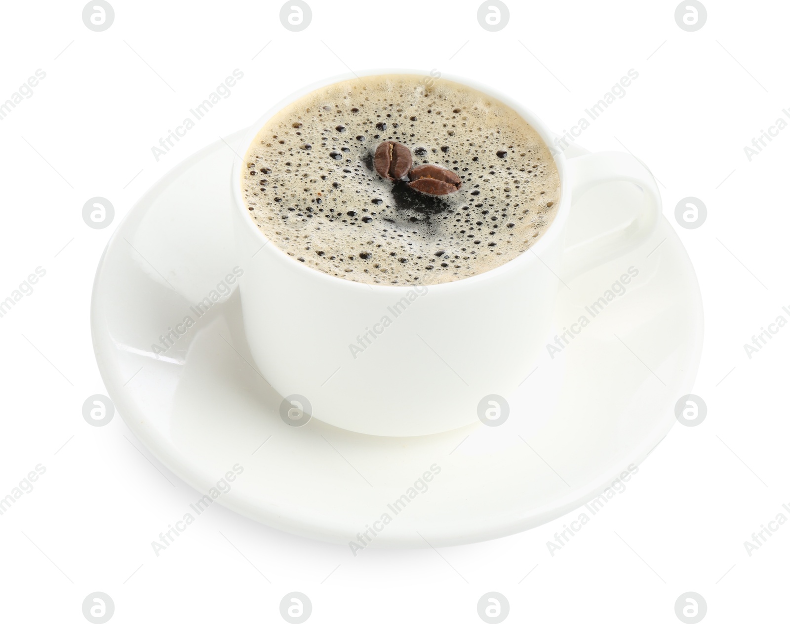 Aromatic coffee in cup isolated on white Photo of Aromatic coffee in cup isolated on white