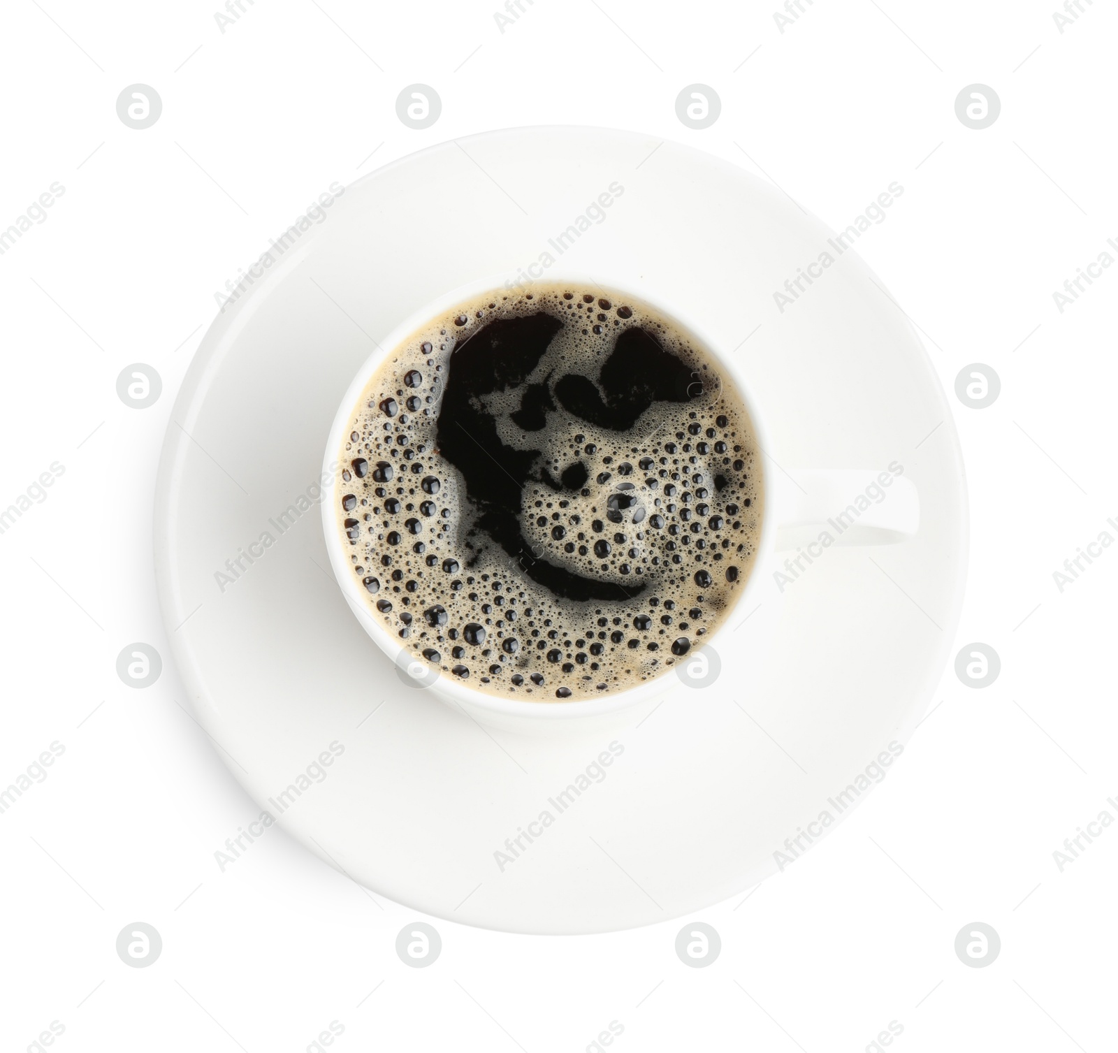 Aromatic coffee in cup isolated on white, top view Photo of Aromatic coffee in cup isolated on white, top view