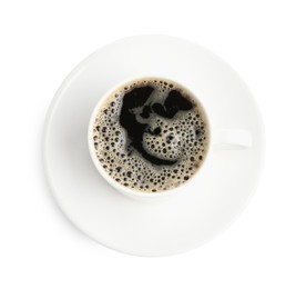 Photo of Aromatic coffee in cup isolated on white, top view