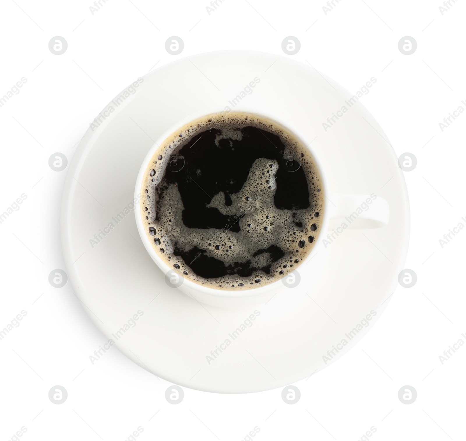 Aromatic coffee in cup isolated on white, top view Photo of Aromatic coffee in cup isolated on white, top view