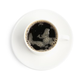 Photo of Aromatic coffee in cup isolated on white, top view