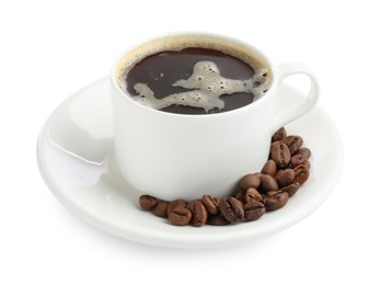 Photo of Aromatic coffee in cup and beans isolated on white