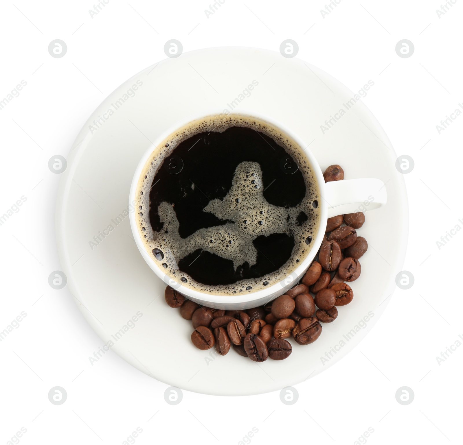Aromatic coffee in cup and beans isolated on white, top view Photo of Aromatic coffee in cup and beans isolated on white, top view