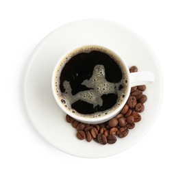 Photo of Aromatic coffee in cup and beans isolated on white, top view