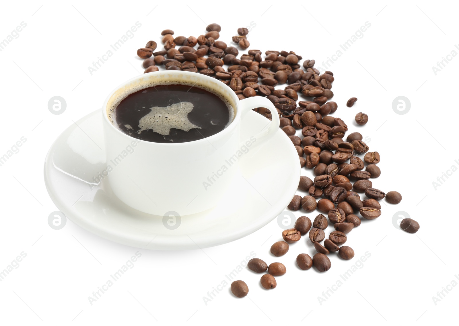 Aromatic coffee in cup and beans isolated on white Photo of Aromatic coffee in cup and beans isolated on white