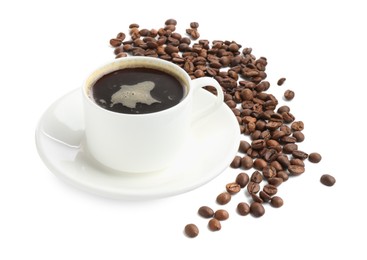 Photo of Aromatic coffee in cup and beans isolated on white