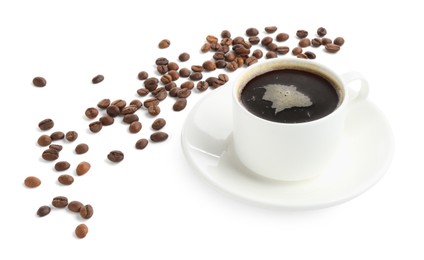 Photo of Aromatic coffee in cup and beans isolated on white