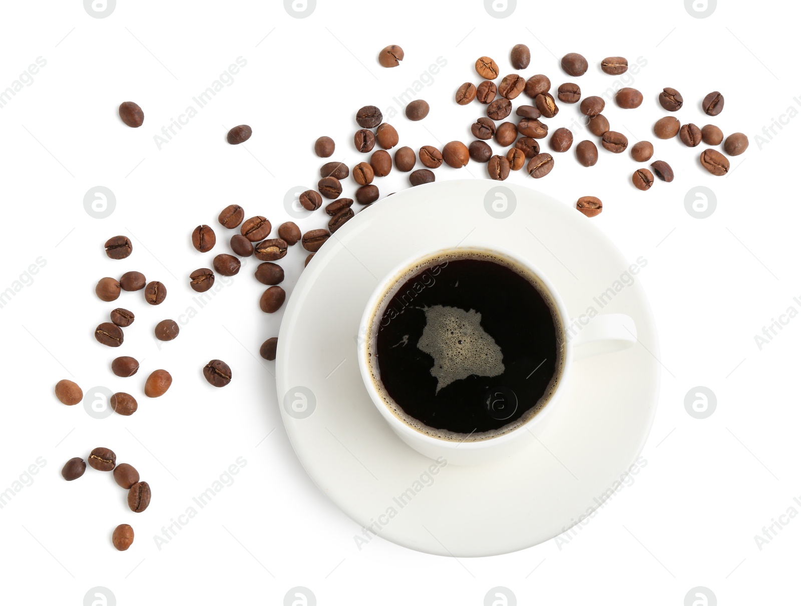 Aromatic coffee in cup and beans isolated on white, top view Photo of Aromatic coffee in cup and beans isolated on white, top view