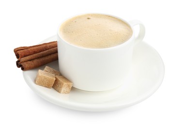 Photo of Aromatic coffee in cup, cinnamon and sugar cubes isolated on white