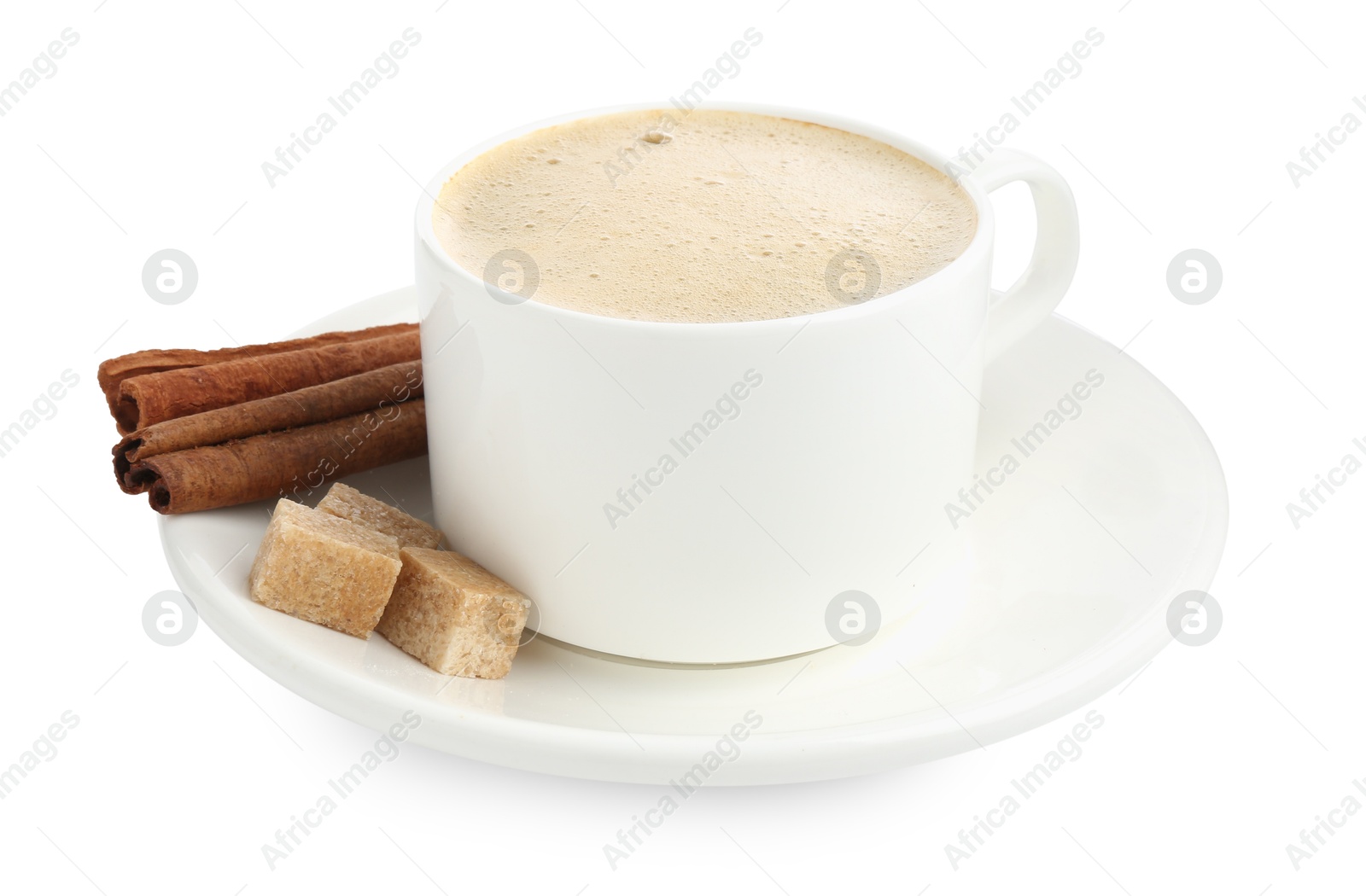 Aromatic coffee in cup, cinnamon and sugar cubes isolated on white Photo of Aromatic coffee in cup, cinnamon and sugar cubes isolated on white
